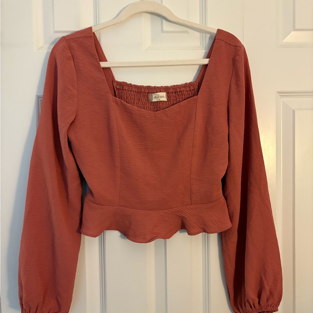 Zara Orange Long Sleeve Crop Peplum Blouse